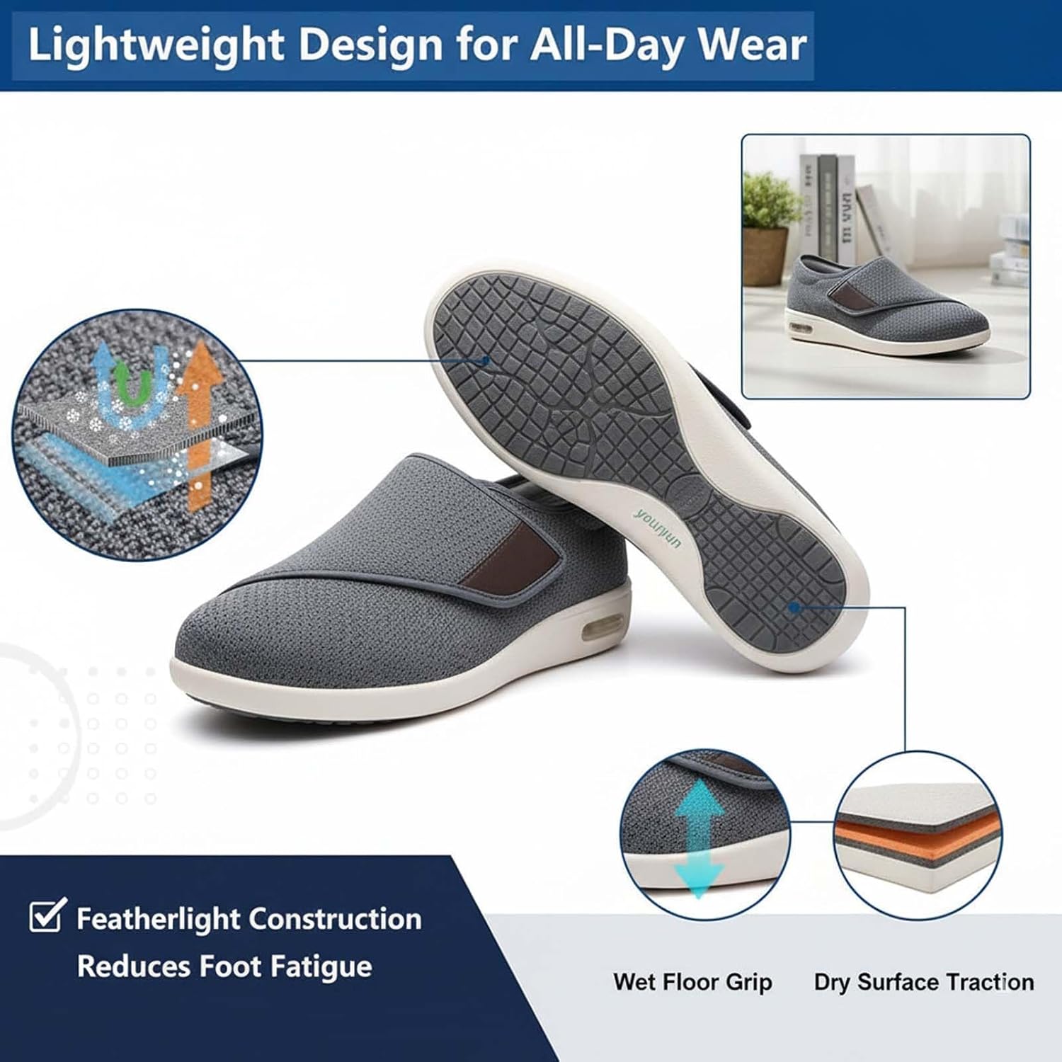 Lightweight Air Cushion Walking Shoes, Adjustable Plus Size Sneakers, Non-Slip Comfortable Footwear, Orthopedic Casual Slippers for Diabetic, Edema, Swollen Feet
