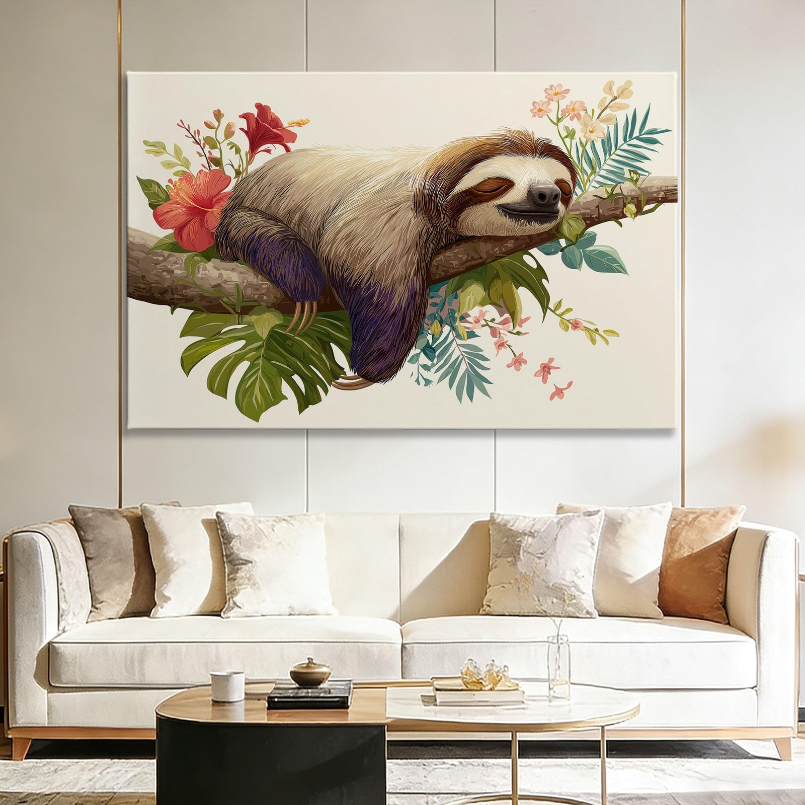 Generisch Leinwandbild mit Rahmen 120x60 cm Wohnzimmer Deko, Cartoon Tier Faultier Beige Modern Wandbild Kunstdruck auf Leinwand Bild Schlafzimmer über Bett Room Decor Geschenke