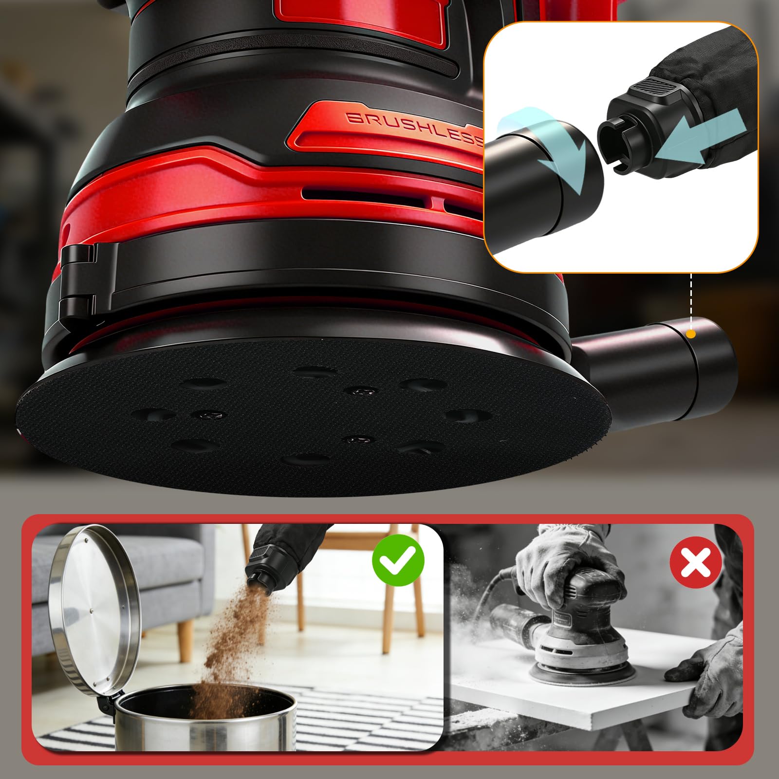 Lijadora orbital inalámbrica compatible con batería Milwaukee M de 18 V (sin batería), 125 mm sin escobillas, lijadora manual eléctrica de 4000 – 8000 rpm, 3 velocidades, 21 hojas de papel de lija y