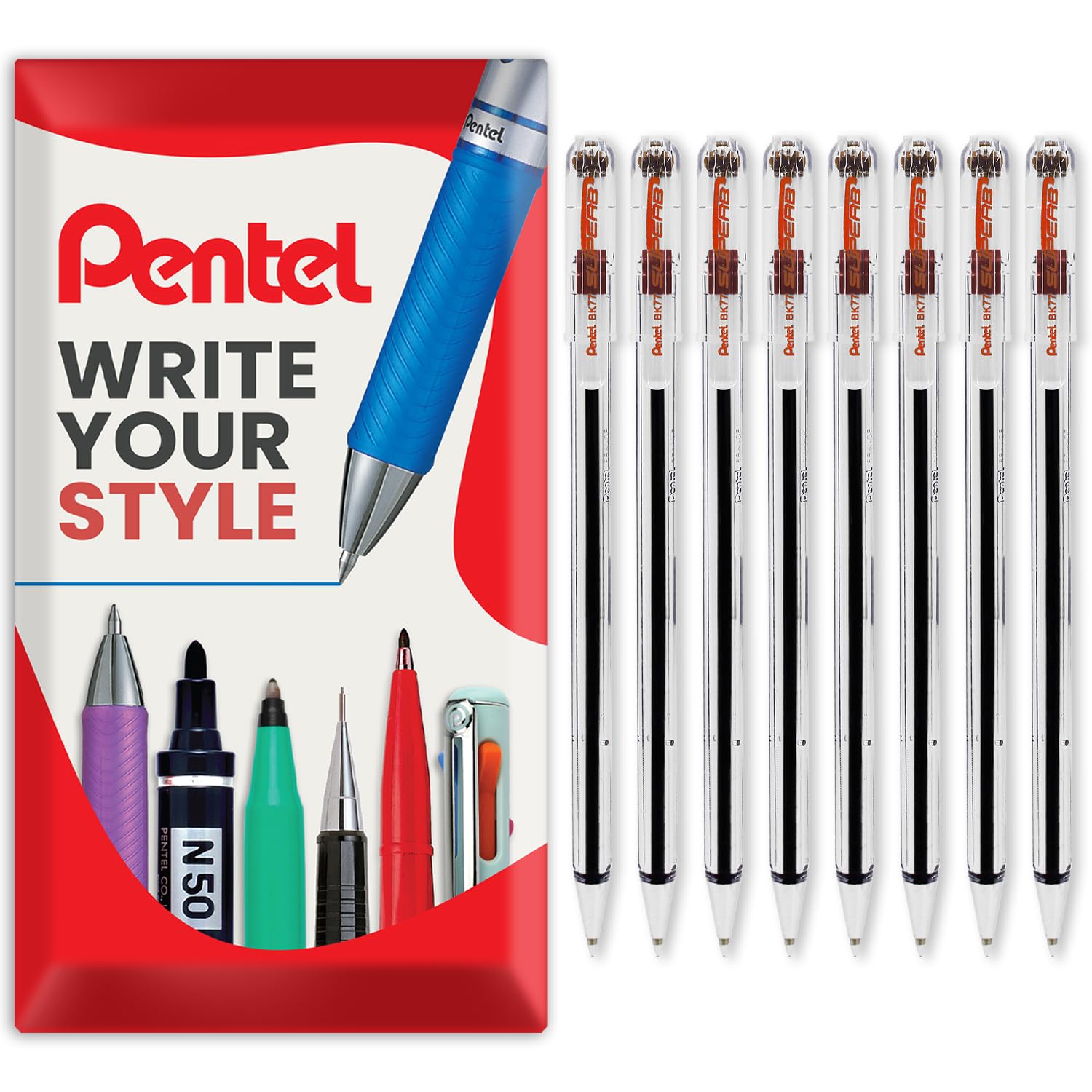 Pentel Superb Ballpoint Pen Ball Point Pens 0.7mm Nib Tip 0.25mm Line Width Fine Line Refillable Ink BK77 - Red Ink - Pack of 8 in Envelope Gift Packaging