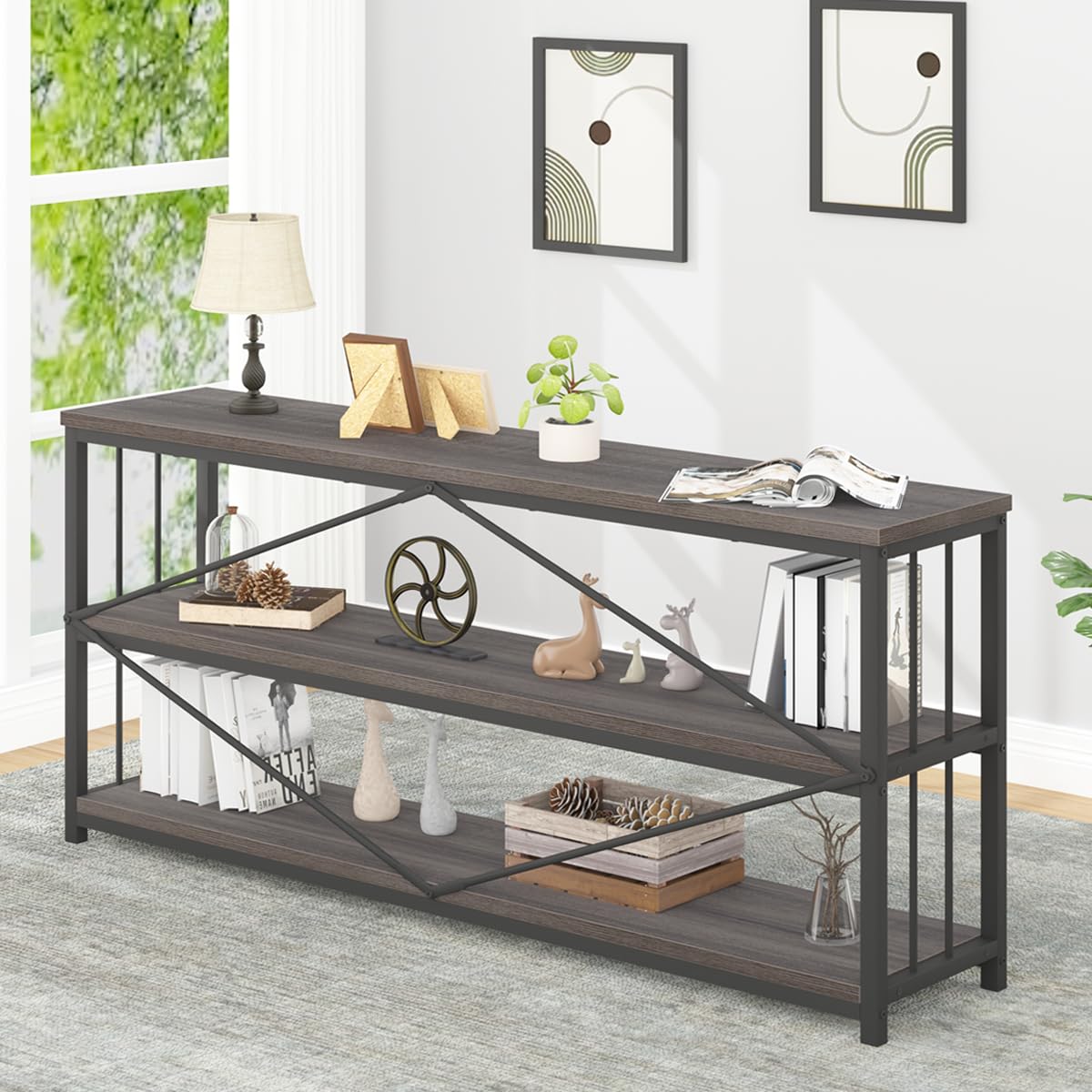 IBF Wood and Metal Book Shelf, Industrial Rustic Low 3 Tier Bookshelf
