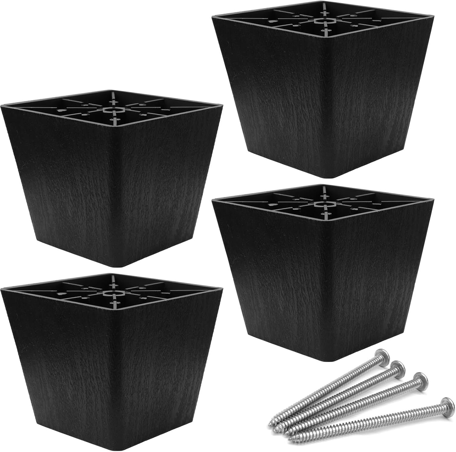 4 Inch Black Plastic Furniture Legs, 4pcs | Screw-in, Square Tapered, Replacement for Sofa & Table