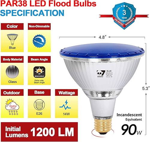 Miniatura 2 de 7Pandas - Focos LED azules Par38, luces LED impermeables de vidrio completo de color real, base E26 (equivalente a halógeno de 90 W), 1200 lúmenes