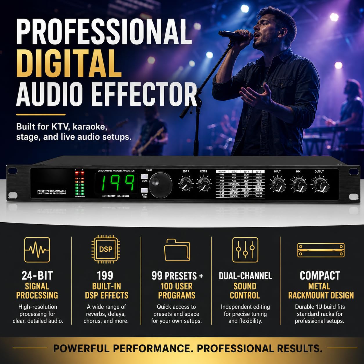 TsoLay Procesador Dsp Multiefectos De Reverberación Digital, Ecualizador De Audio Ktv con 99 Preajustes, 199 Efectos De Sonido, Procesamiento De Señal De 24 bits Y Reducción Automática De Ruido