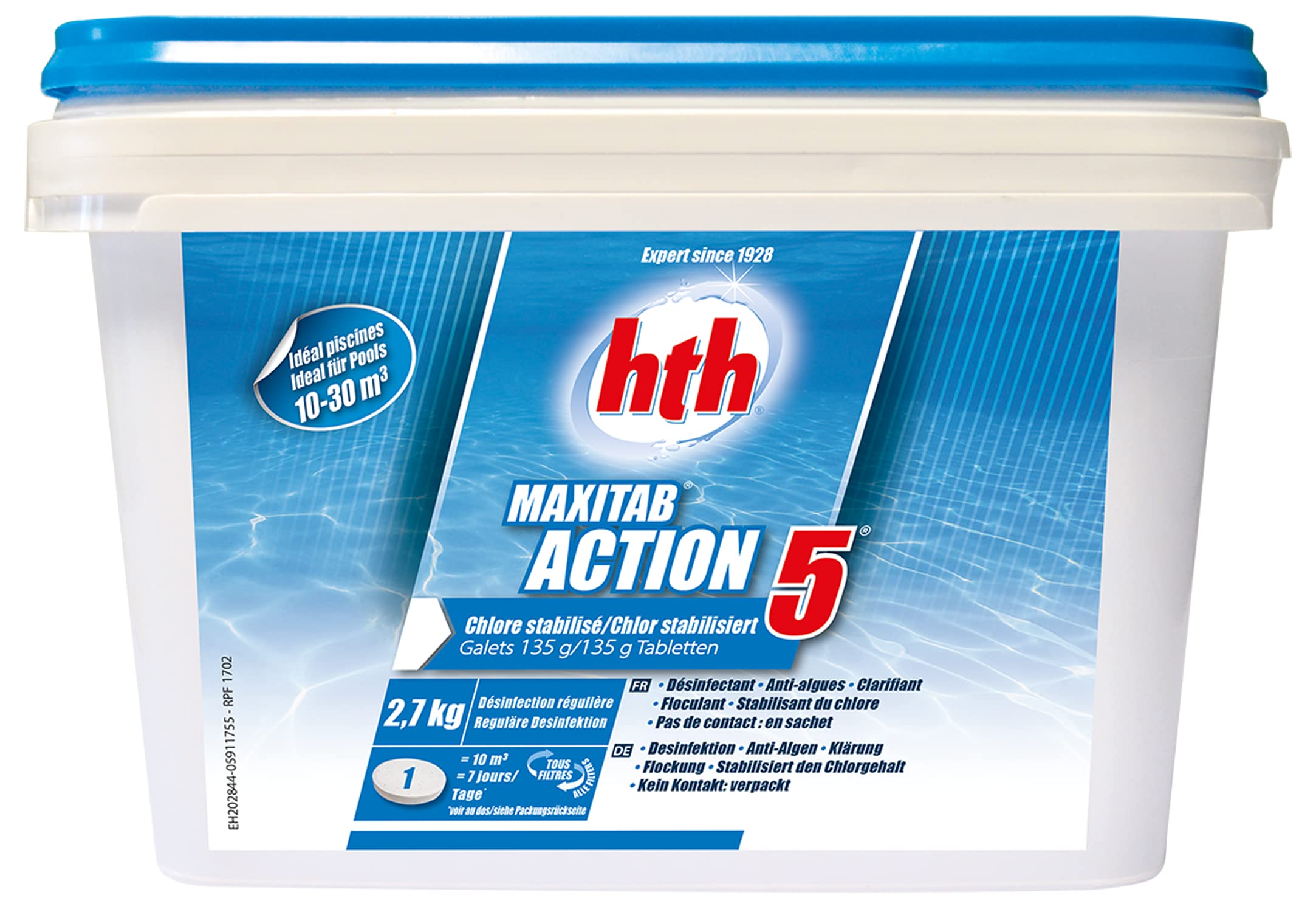 HTH MAXITAB Action 5 Galet 135g - 2,7kg | Chlore Lent Stabilisé Multiaction - Désinfection Régulière Multifonction - Dissolution Lente + 10 Tests HPS OFFERTS 6 en 1