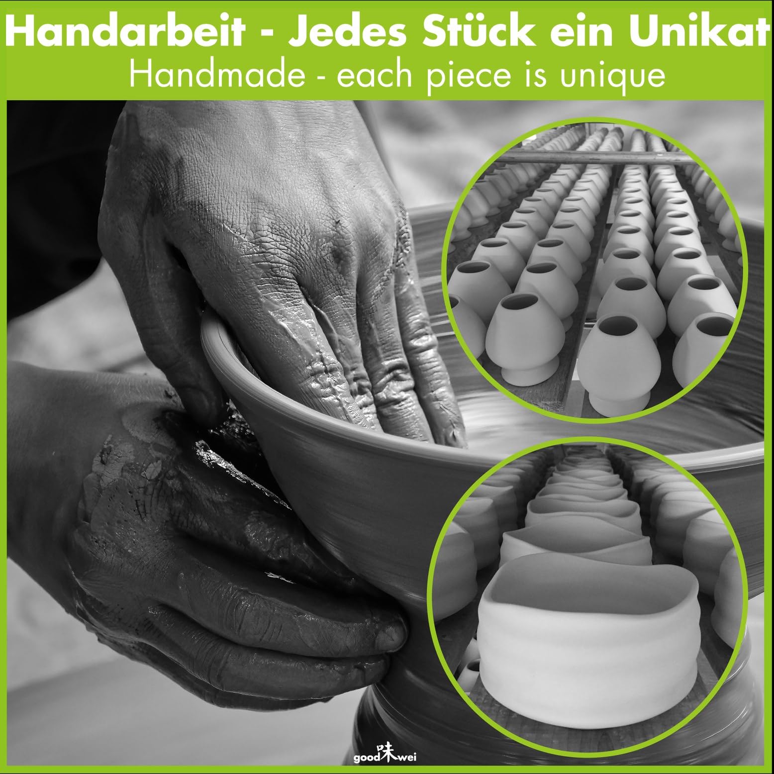 Goodwei Matcha set met matcha garde, matcha lepel en matcha kom met gardehouder van keramiek in bijpassend design | Kunstig vervaardigde matcha kom chawan met tuit (Camellia White