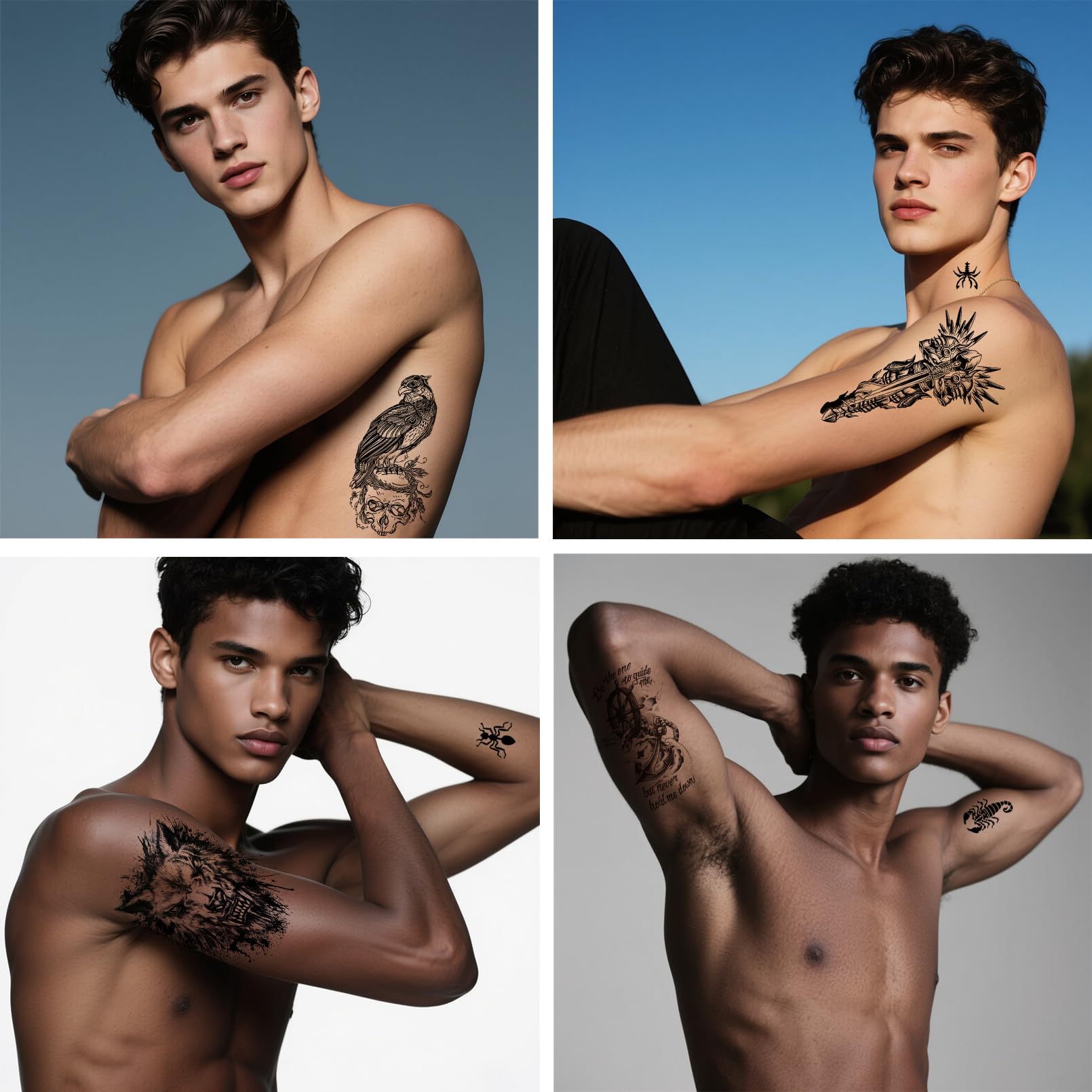 Temporary Tattoos for Men 24 Sheets Mixed Style Temporary Tattoos Stickers for Adults Scary Dragon Snake Tiger Skull Skeleton Fake Tattoos Half Arm Temporary Tattoo for BBQ Pool Beach Party - Image 2