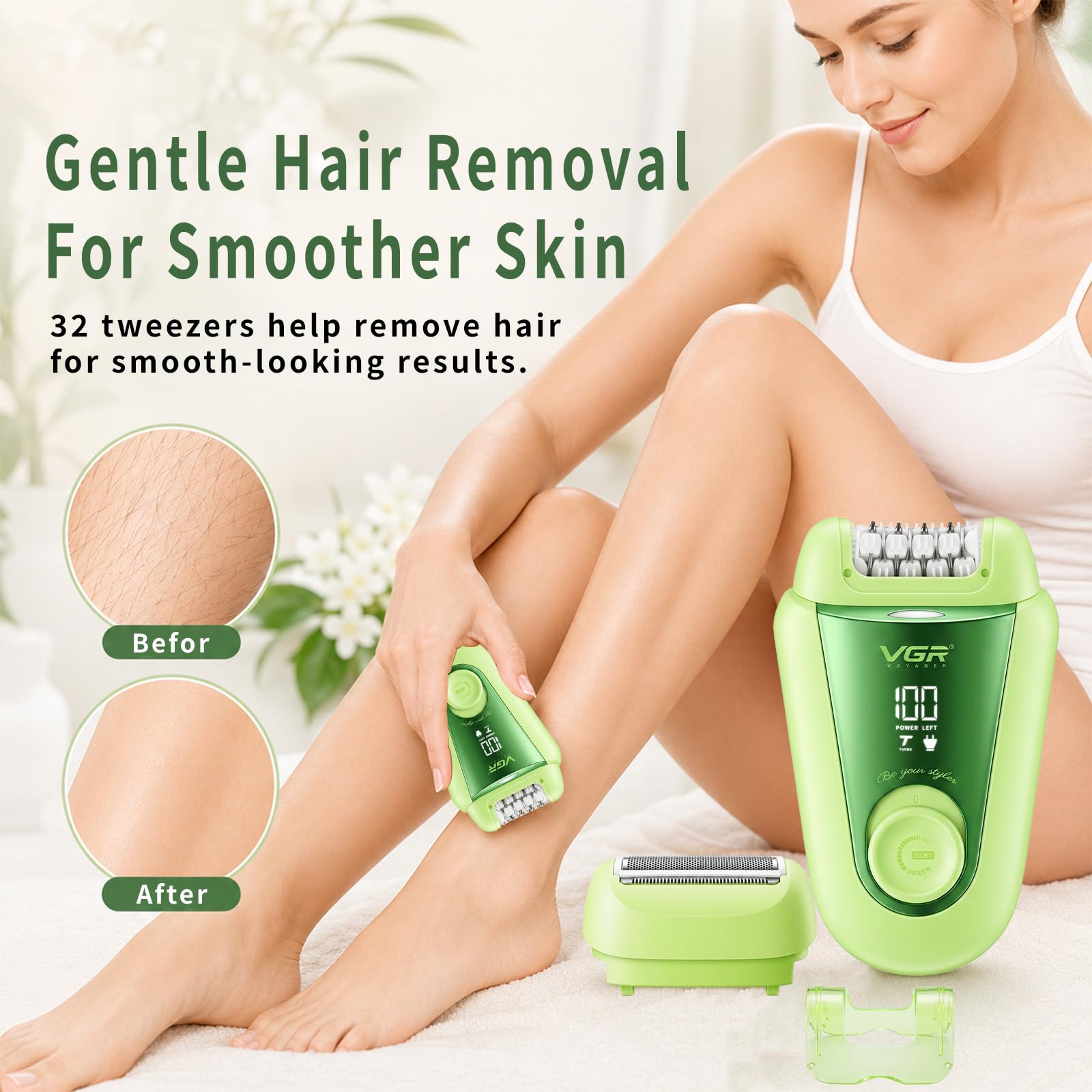 VGR 758 Epilatore elettrico 2 in 1 da donna, 32 pinzette, IPX7, Verde