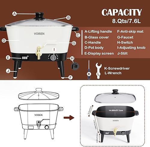 Miniatura 6 de VOISEN Derretidor de cera para hacer velas, olla de fusión de cera de vela de 8 cuartos con boquilla para base de jabón de cera de soja, derretidor