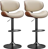 Vista 28 de Juego de 2 taburetes de bar giratorios, modernos taburetes ajustables de piel sintética, taburete de bar con respaldo y reposapiés para isla
