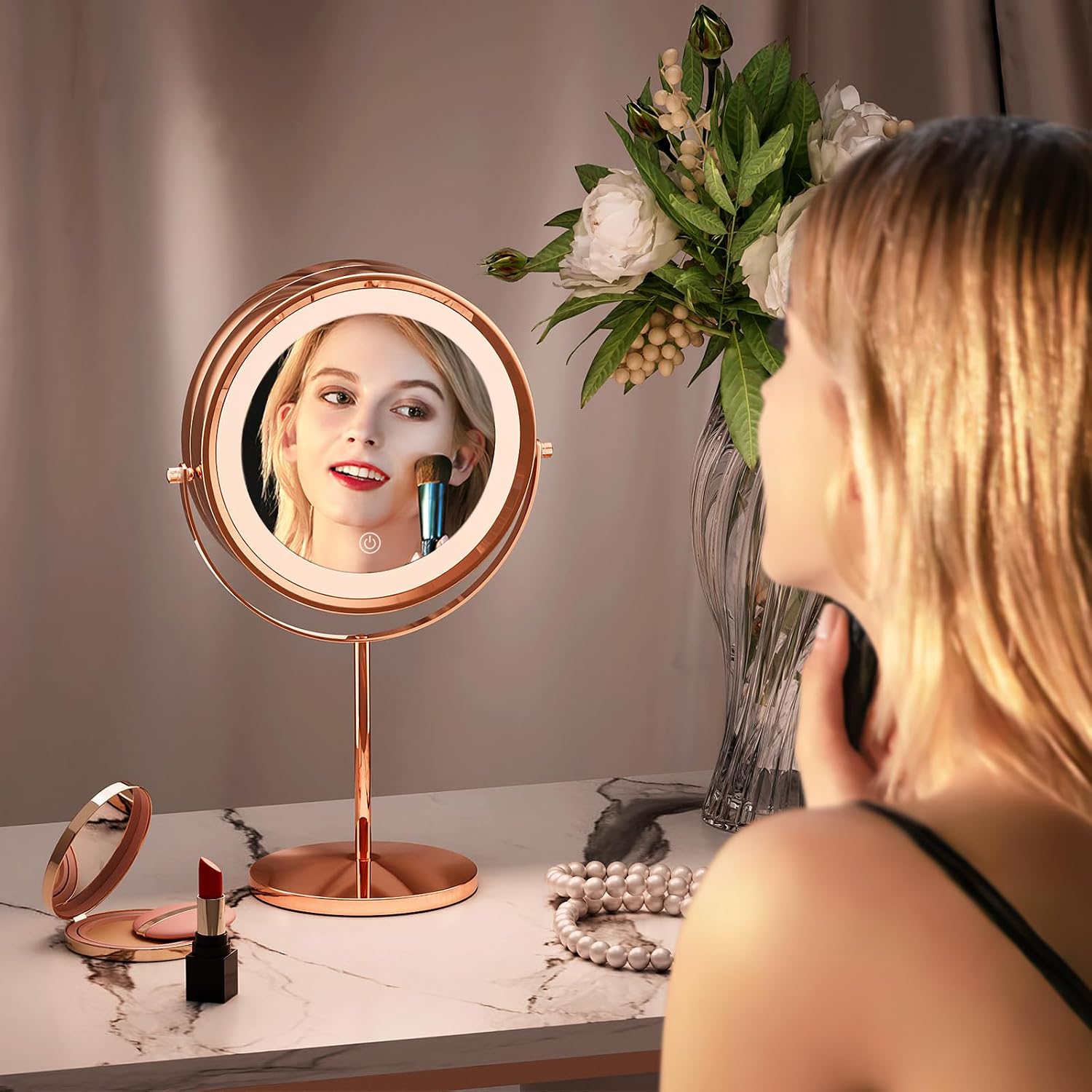 MoNiBloom 8-Inch Double Sided Lighted Magnifying Makeup Mirror Battery Operated Tabletop Mirror with Light and Magnification 1x 10x Cosmetic Mirror with Stand for Desk (Rose Gold)