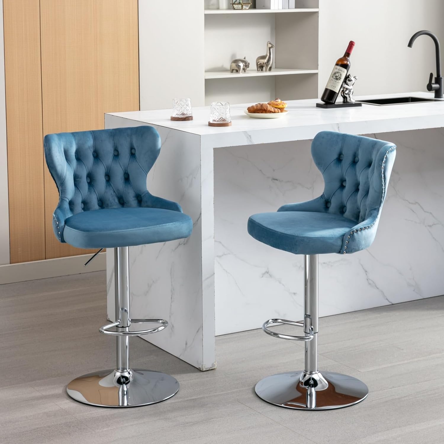 anwickjeff Modern Swivel Velvet Barstools Set of 2, Adjusatble Seat Height, Upholstered Tufted Chairs with Backs - Ideal for Dining Room/Home/Bar/Kitchen (Light Blue)