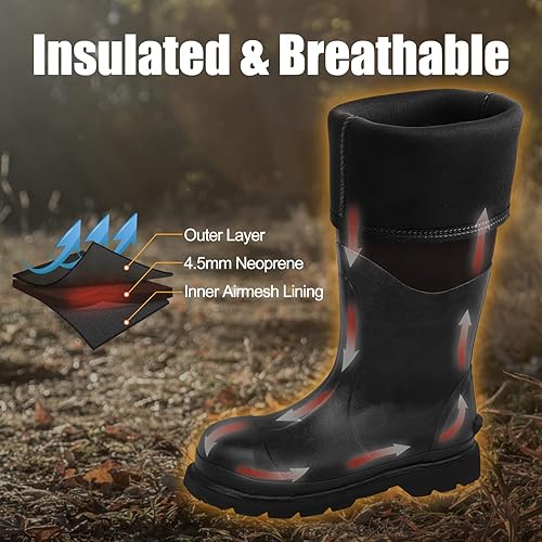 Vista 6 de Botas de trabajo de goma, botas de goma con punta de acero para hombres, botas de caza de goma impermeables de neopreno de 0.236in para agricultura