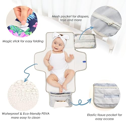 Miniatura 3 de Hibiscus Palms Daisies Portable Baby Changing Pad Travel Diaper Changing Pad Foldable Waterproof Changing Station Mat with Built-in Pillow for Baby
