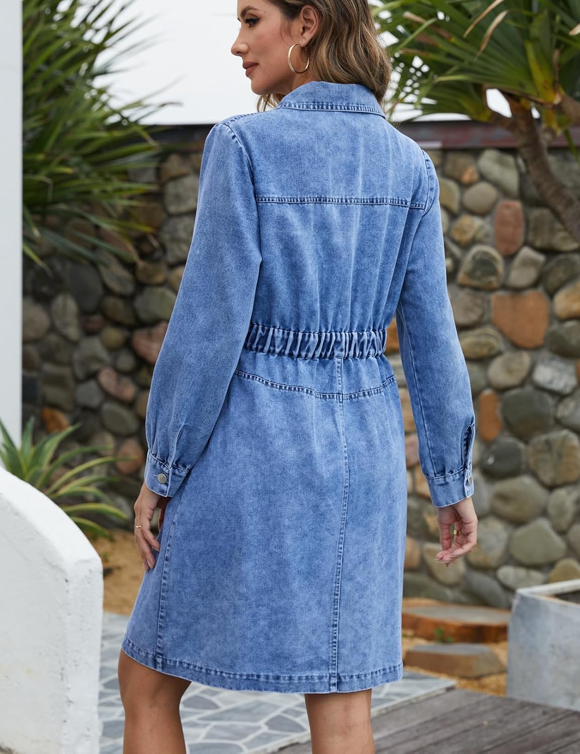 Denim Dress for Women Chambray Long Sleeve Button Down Casual Western Mini Jean Shirt Dresses - Image 3