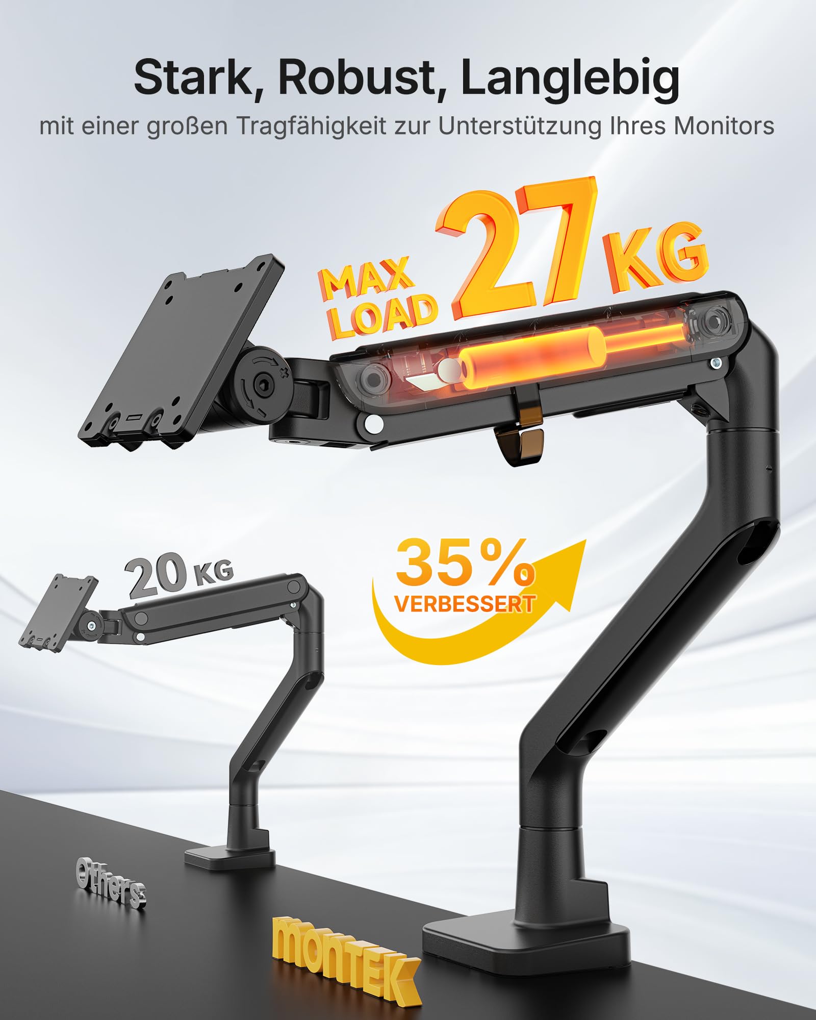 monTEK 17-57 Zoll Monitor Halterung, Monitor Arm mit Gasfeder, Verstellbarer Bildschirmhalterung für 27Kg Fernseher & Monitor, Monitorhalterung VESA 75/100 mm
