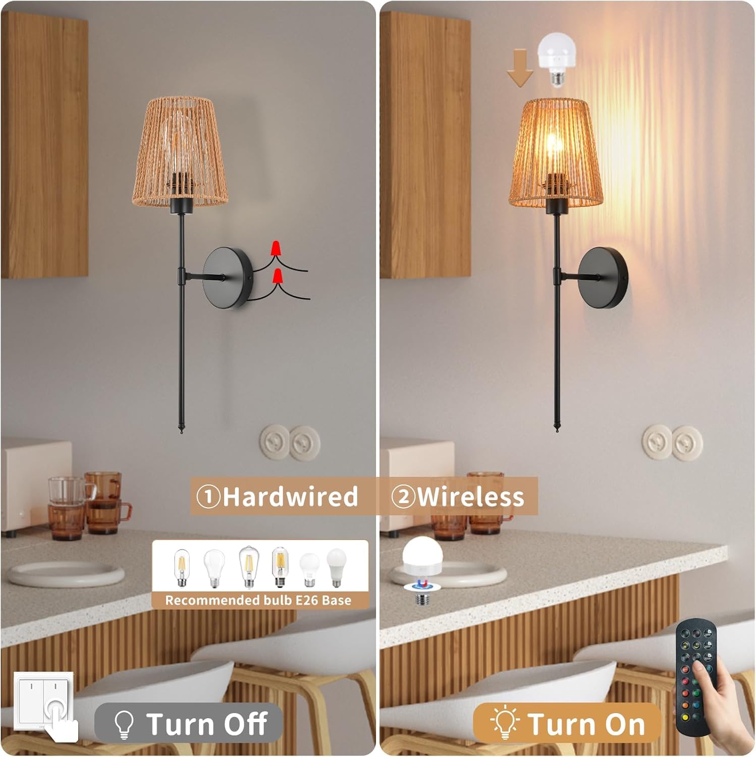 Lampada da Parete Boho in Rattan per Interni, alimentata a Batteria con Telecomando, Lampada retrò dimmerabile RGB, Paralume Ricaricabile Tramite USB, Non necessita di Collegamento