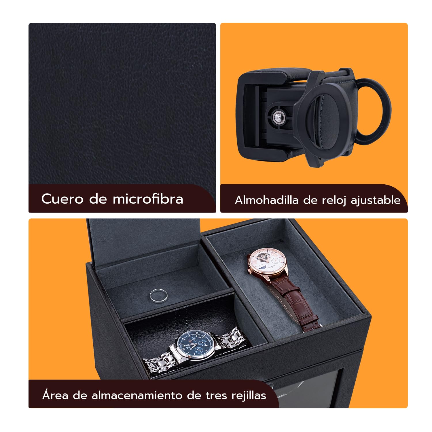 Mcbazel Abridor Automático de Relojes Multifuncional para 2 Relojes, con Pantalla LED de Exhibición y Caja de Almacenamiento de Joyería con Motor Silencioso de 1 Modo de Rotación Negro/gery