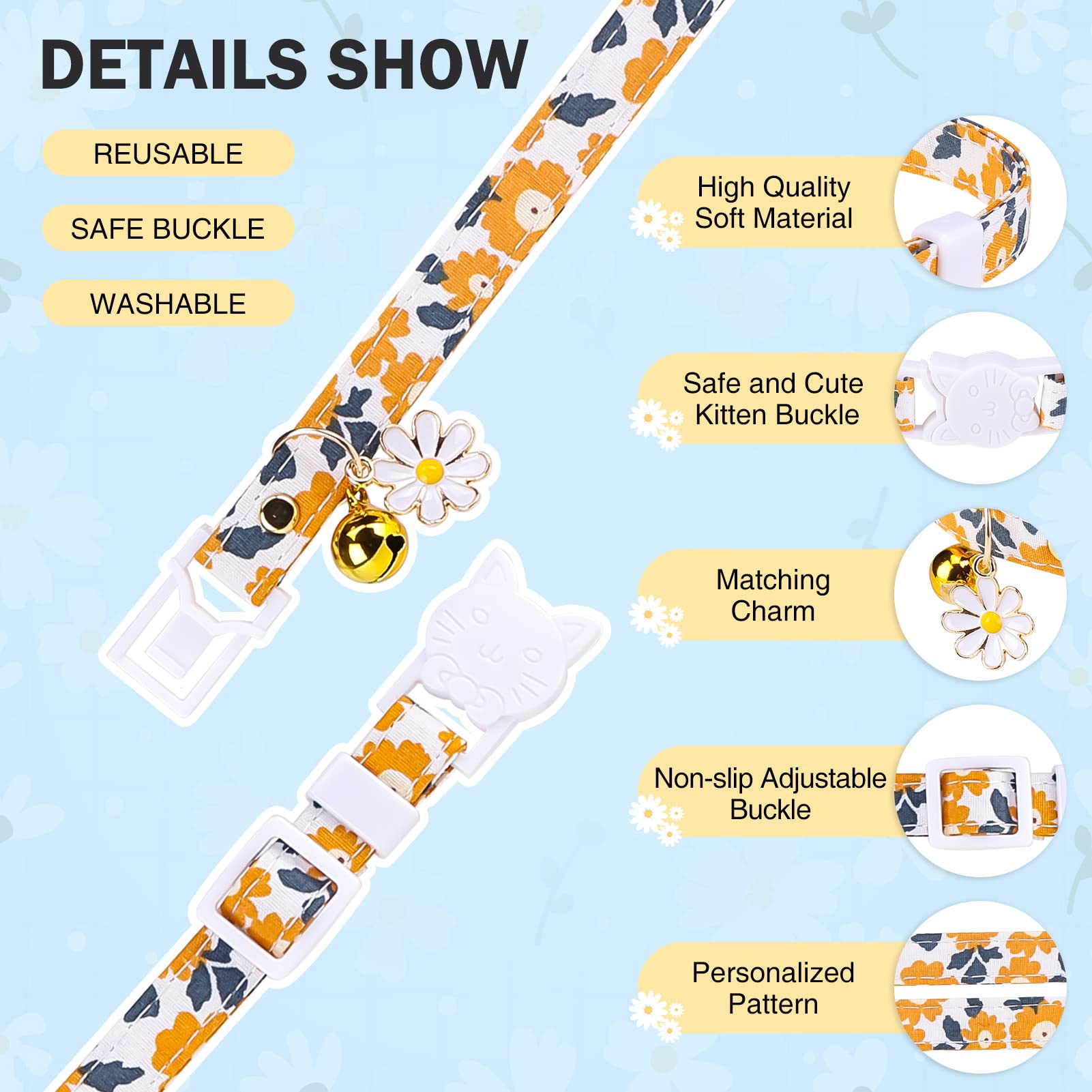 Collares de gato con campanas y abalorios, collar de hebilla de seguridad ajustable personalizado para gatitos, gatos, niñas y niños