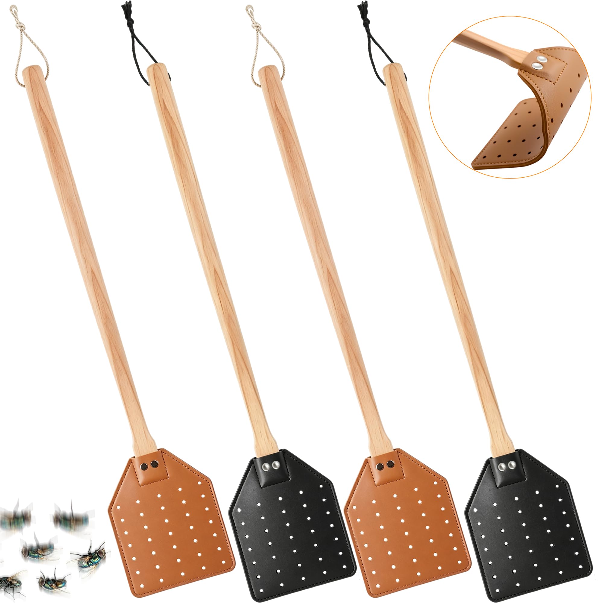Fliegenklatsche aus Leder, robuste Fliegenklatsche, robuste Fliegenklatsche, Schädlingsklatsche mit Umhängeband für drinnen und draußen, 4 Stück (Farbset 1)