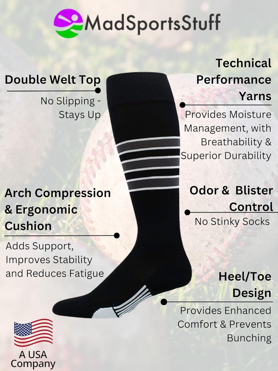 MadSportsStuff Dugout Striped Baseball Socks | Youth & Adult Over the Calf | Made in the USA - Image 4