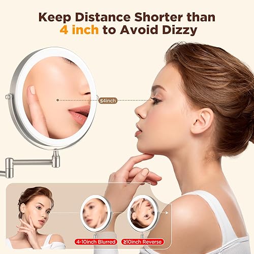 Miniatura 3 de Espejo de maquillaje de tocador de 8 pulgadas montado en la pared, espejo de aumento LED 1X10X de doble cara, 3 luces de color y espejo de afeitado