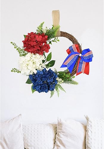 Miniatura 10 de Corona del 4 de julio para puerta delantera, decoraciones del 4 de julio para el hogar, coronas patrióticas de la bandera estadounidense para el Día