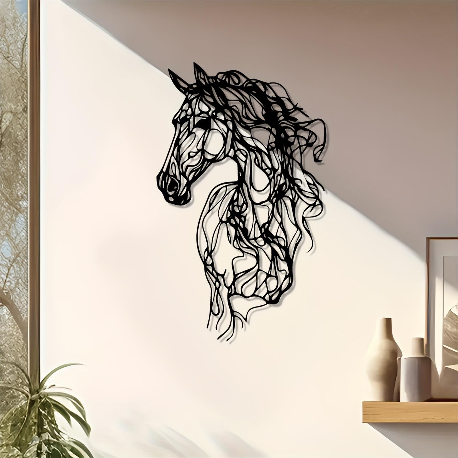 Decoración de pared abstracta contemporánea de metal con forma de caballo: escultura moderna de hierro con diseño, para interiores y exteriores, ideal para jardín, sala de estar, oficina o Navida