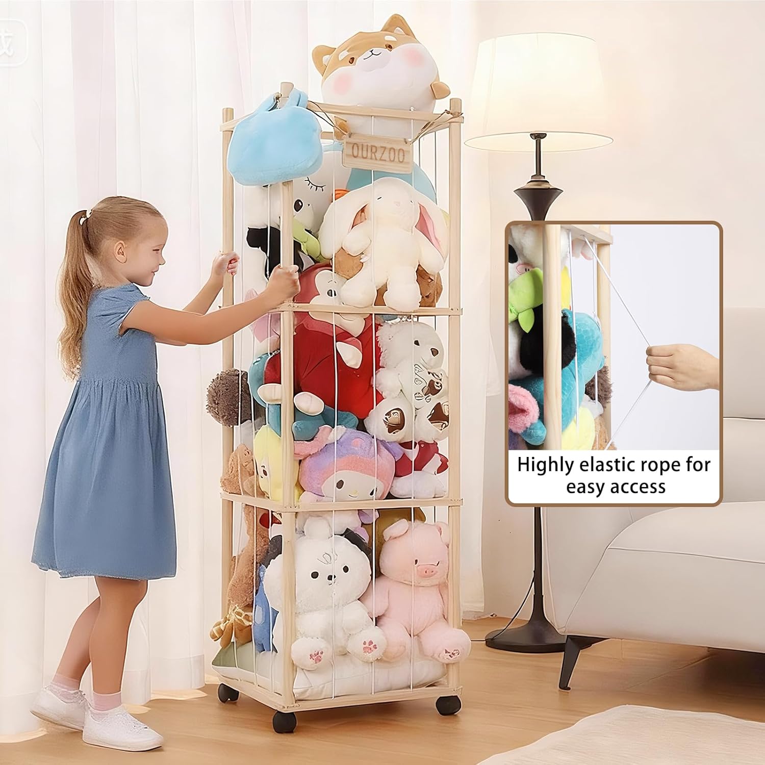 Caleb Stuffed Animal Storage & Organization with Wheels, 54 inch Wooden Stuffed Animal Holder, Cute Zoo Plush Toy Storage Organizer for Toddler Rooms, Playrooms & Bedrooms - Image 6