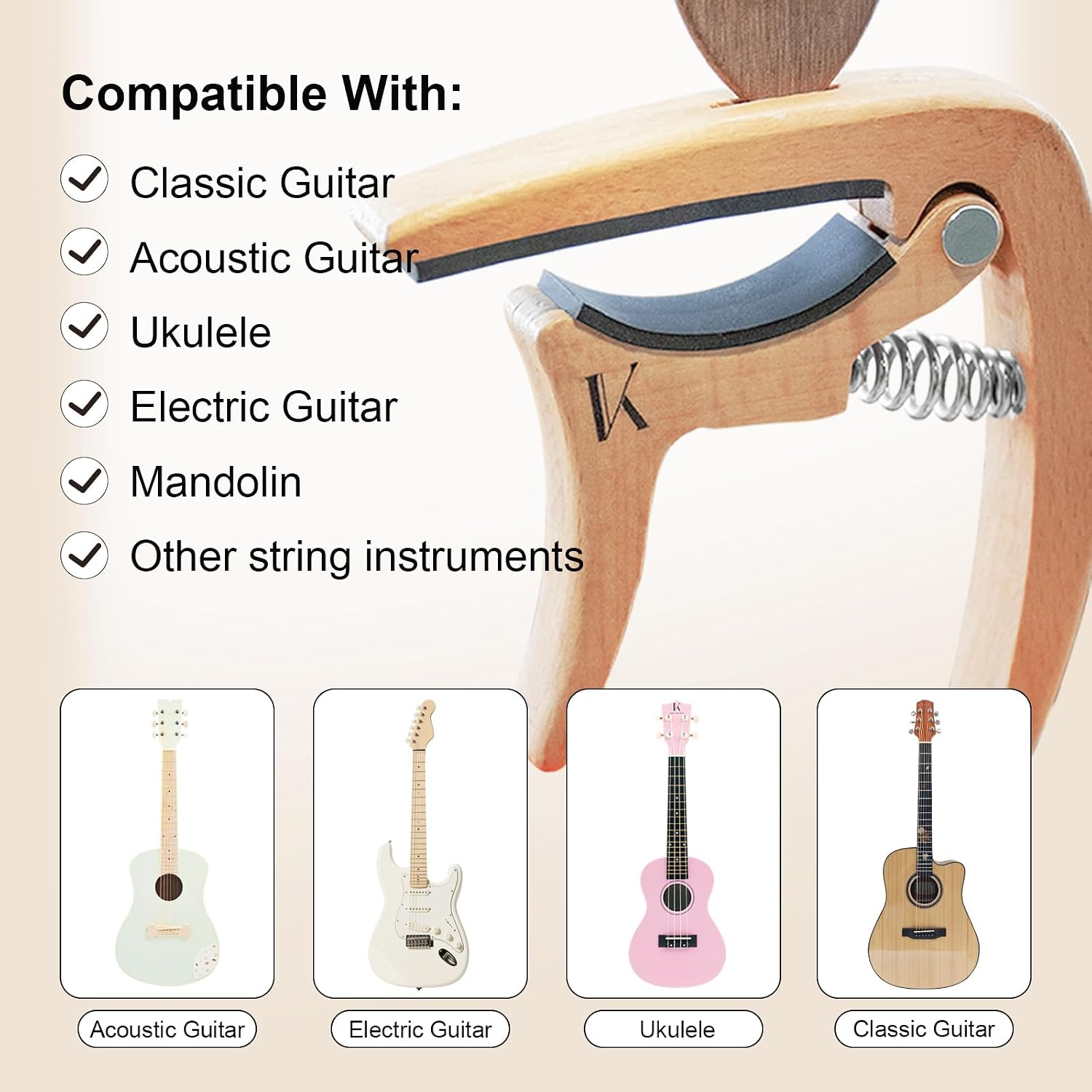 Guitar Capo, 3 in 1 Solid Wood Capos and Pick for Acoustic and Electric 6-string Guitars and Ukulele
