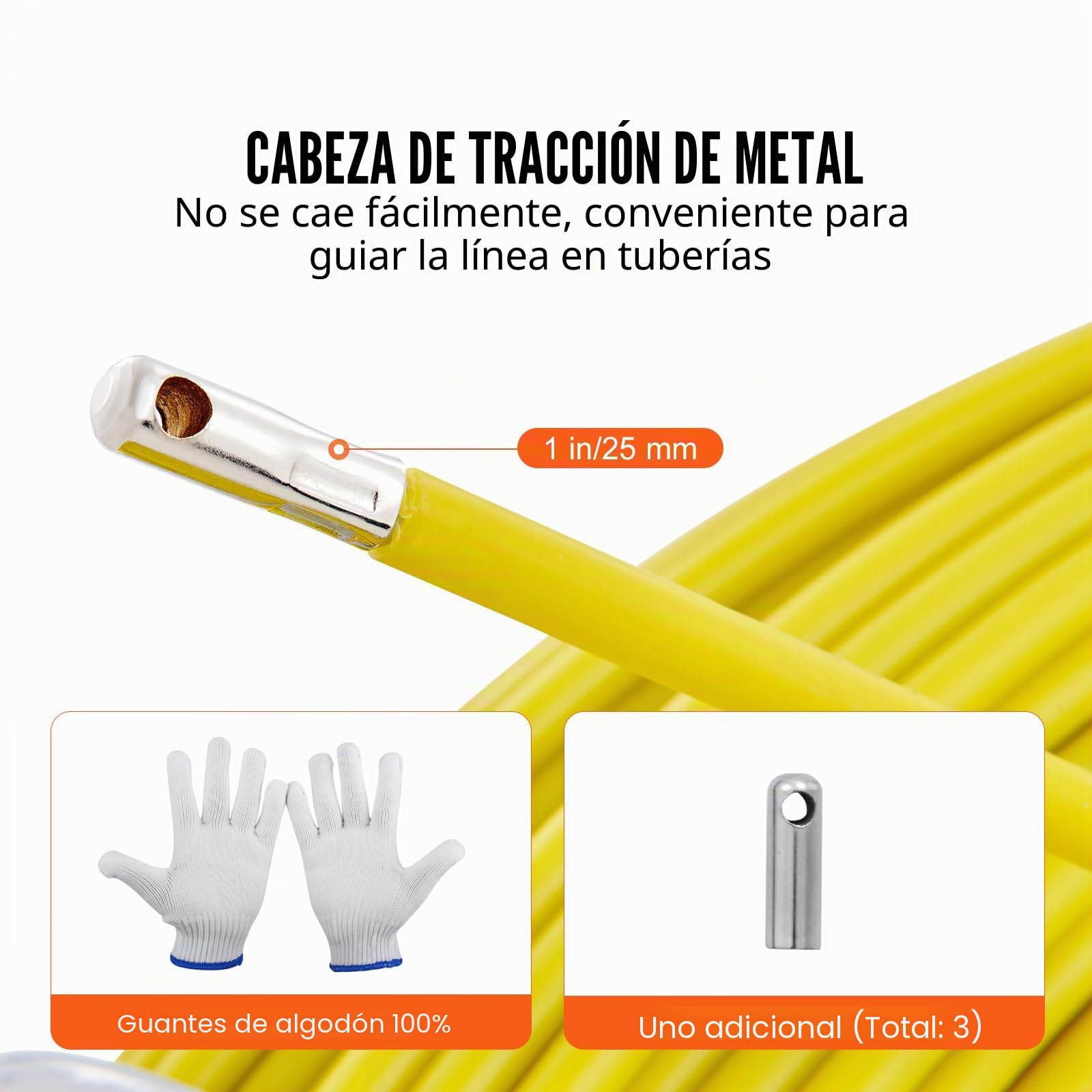 VEVOR Cinta de Fibra de Vidrio Longitud de 129,5 m 6,35 mm Tirando de Aguja Electricista de Alambre de Cable Eléctrico Extractor de Conducto Carrete de Acero de Apoyo 3 Cabezas de Tracción para Pared