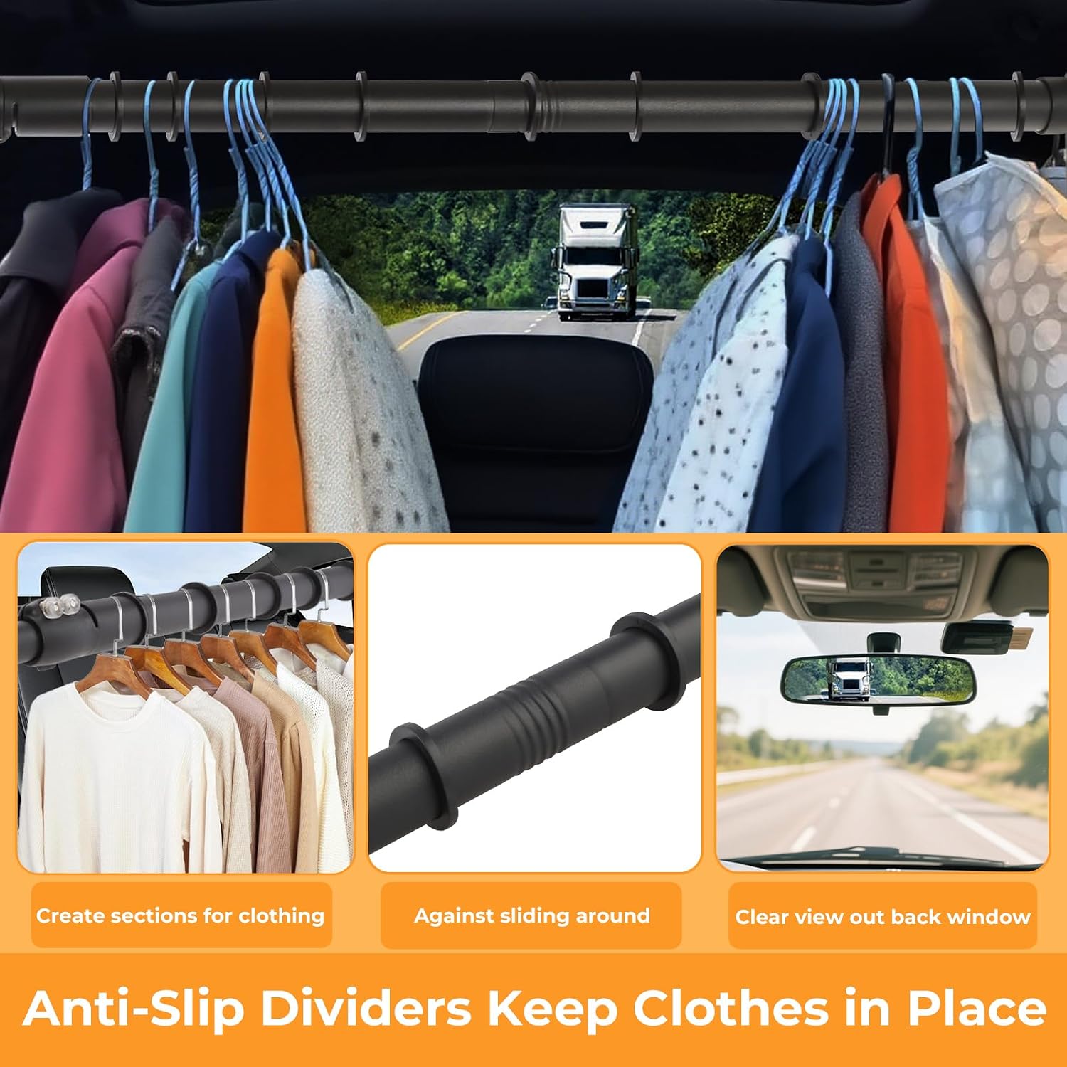 Car Clothes Hanger Bar, 30-55 Inch Wrinkle-Free Telescopic Clothing Rack with Secure Solid Steel Hooks, Adjustable Vehicle Hanger Rod for Most Cars Trucks SUVs and Road Travelers