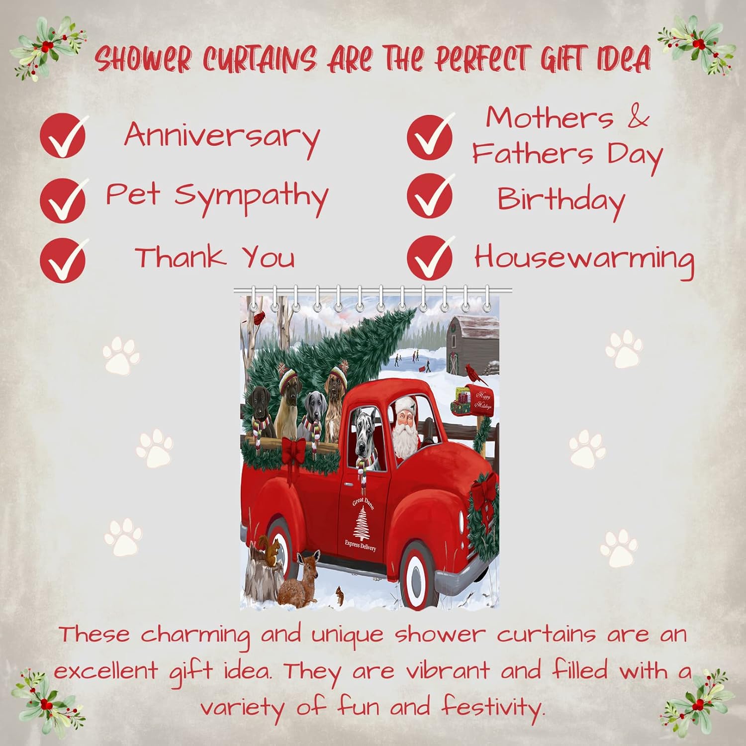 Christmas Santa Express Delivery Red Truck Great Dane Dog Shower Curtain - Waterproof Polyester One-Side Printing Pet Bathtub Curtain Decor Curtain for Bathroom with Hooks, 36"x72"