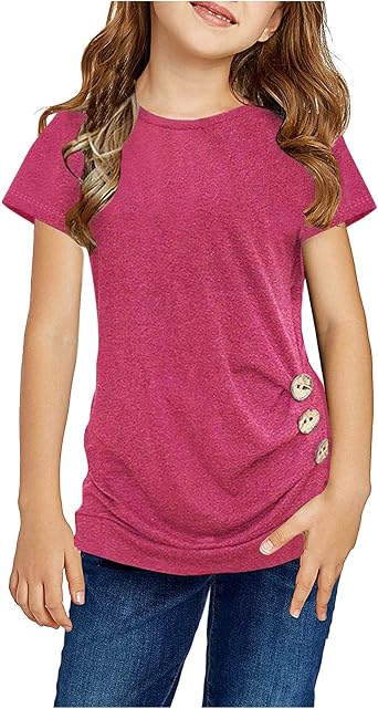 Girls Casual Solid Color Tops,Kids Girls Casual Tunic Tops Knot Front Button Short Sleeve Blouse T-Shirt TeeHot Pink,8-9 Years