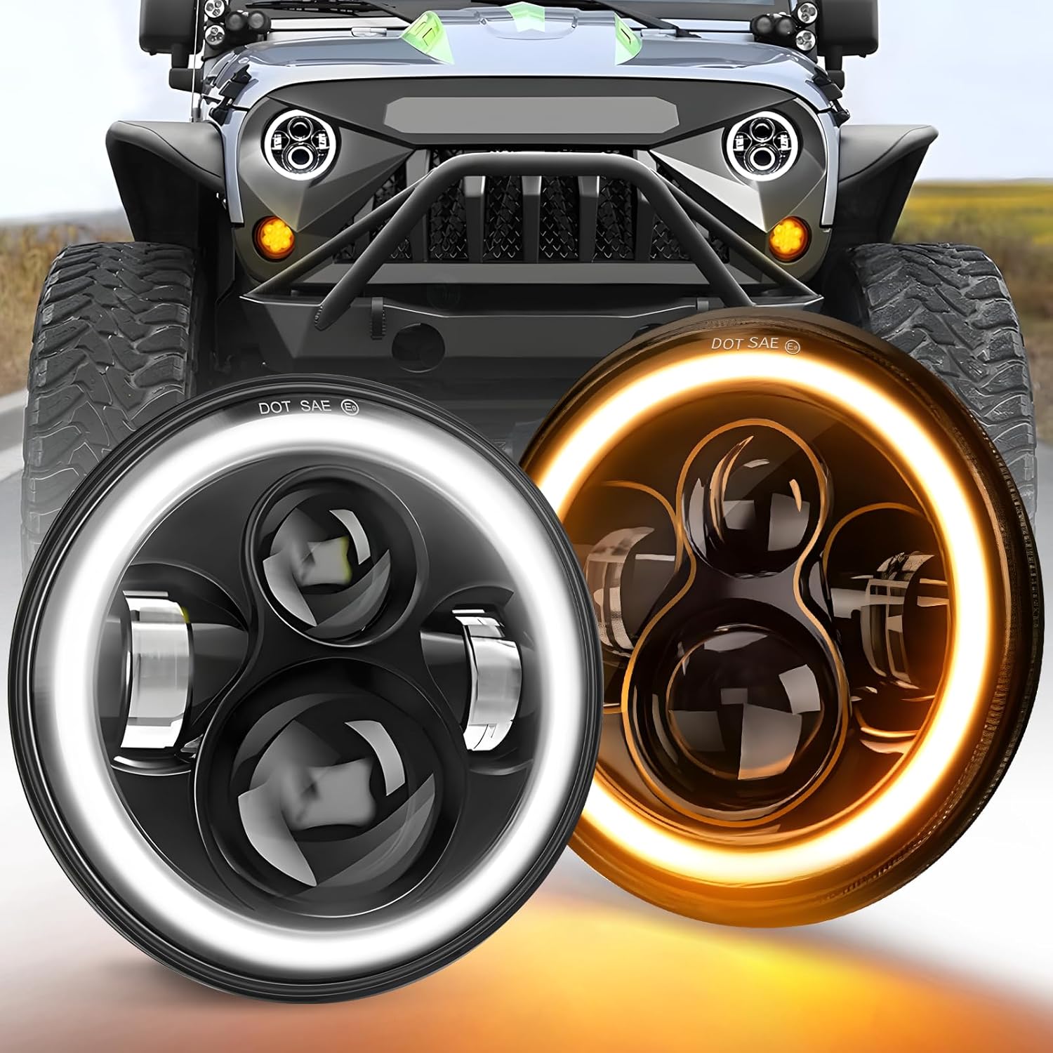 7 inch led Headlights Round Halo Turn Signal DOT Approved JK Halo Headlights H6024 Compatible with Wrangler JK JKU TJ CJ LJ Hi/Lo Projector Sealed Beam, Black 2PCS