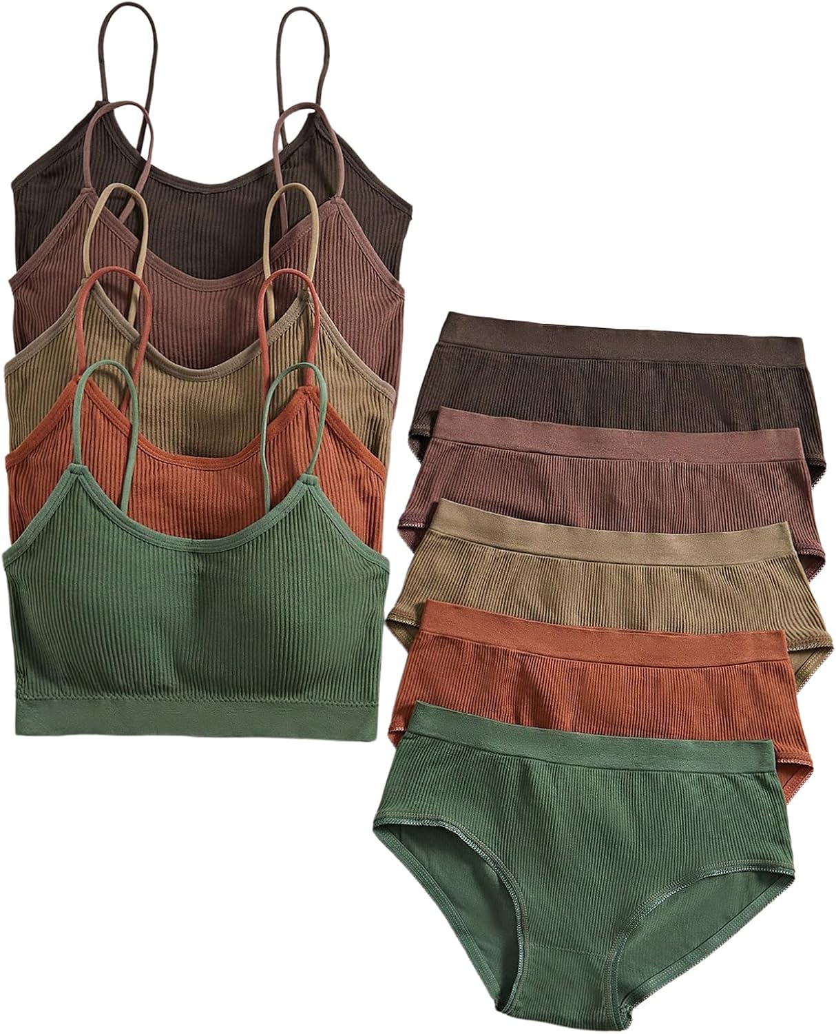 Women's 5 Sets Ribbed Knit Lingerie Sets Seamless Matching Underwear Sets Wireless No Show Bra and Panty Brief Sets