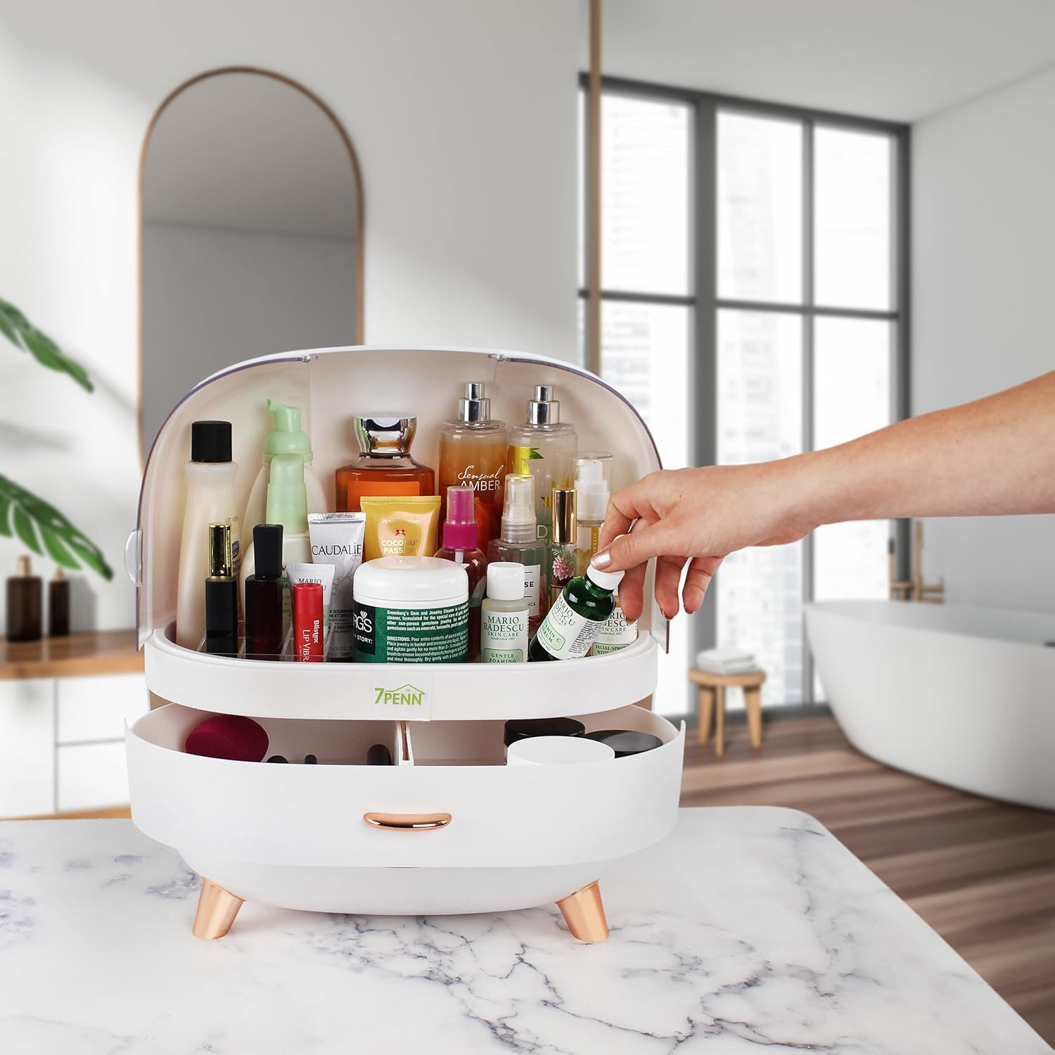 7Penn Large Makeup Organizer Storage Box - Portable Makeup and Skincare Organizer with Drawers, Large Capacity Makeup Organizer Case with Cosmetic Storage Drawers and Cover