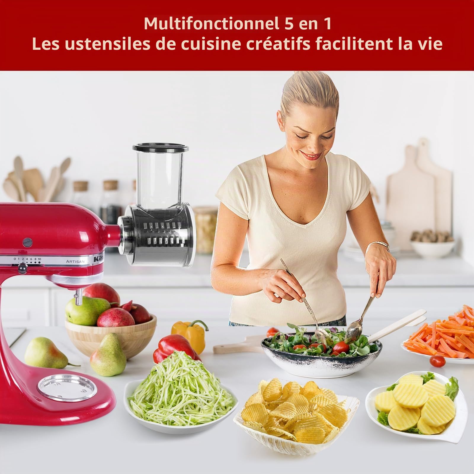 Gdrtwwh Slicer Shredder Accessoire pour mixeur KitchenAid, 5 en 1 râpe à fromage, lames en acier inoxydable, matériau sans BPA, Noir, accessoires de cuisine, trancheuse alimentaire