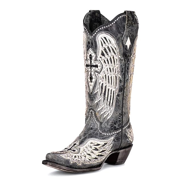 JORISTIMO Womens Western Cowboy Boots with Embroidered Angel Wings Stitch Knee High Chunky Cowgirl Boots Square Toe