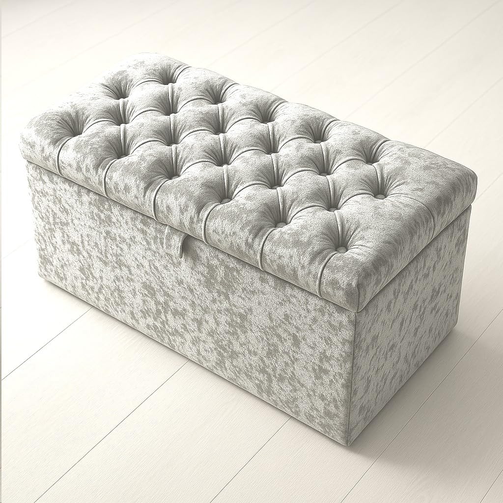 luxisleepltd Spanish Crushed Velvet Fabric Crystal Diamante ottoman storage box blanket box, (SILVER, L76cm x W 33cm x H33cm, SILVER Velvet)