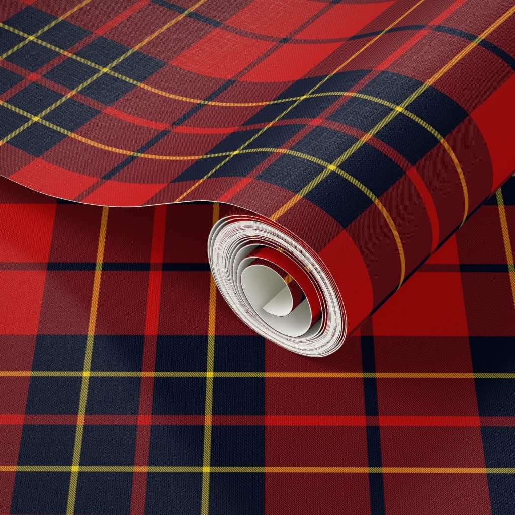 Peel & Stick Wallpaper 3ft x 2ft - Tartan Red Scottish Plaid Classic Black Yellow Rustic Home Decor Check Striped Custom Removable Wallpaper by Spoonflower