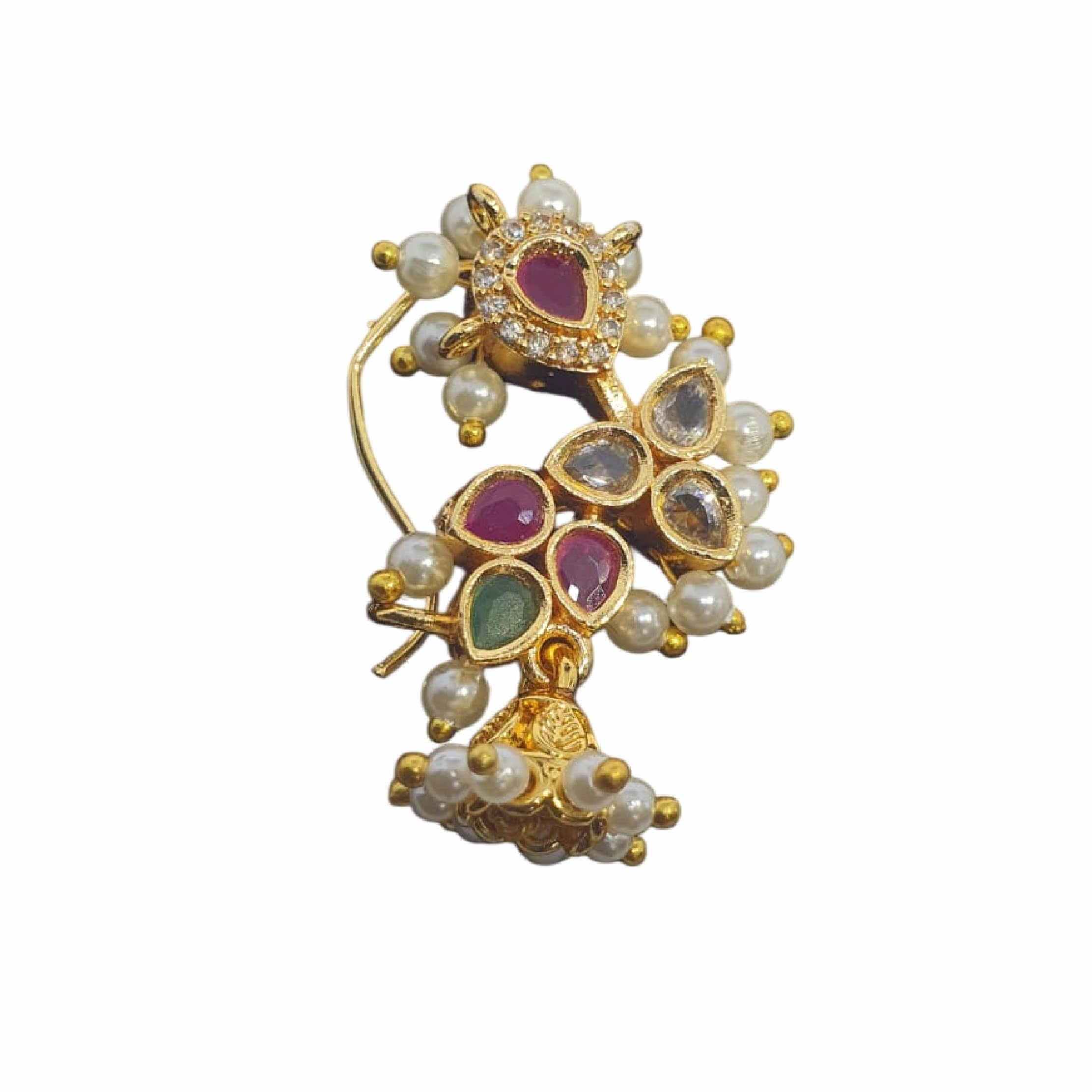 Stone Studded Golden Moti Nath For Women Gold Plated with Pearl Alloy and Artificial stone Non Piercing Maharashtrian Nath for women Golden Moti Pearls Nath-image-49