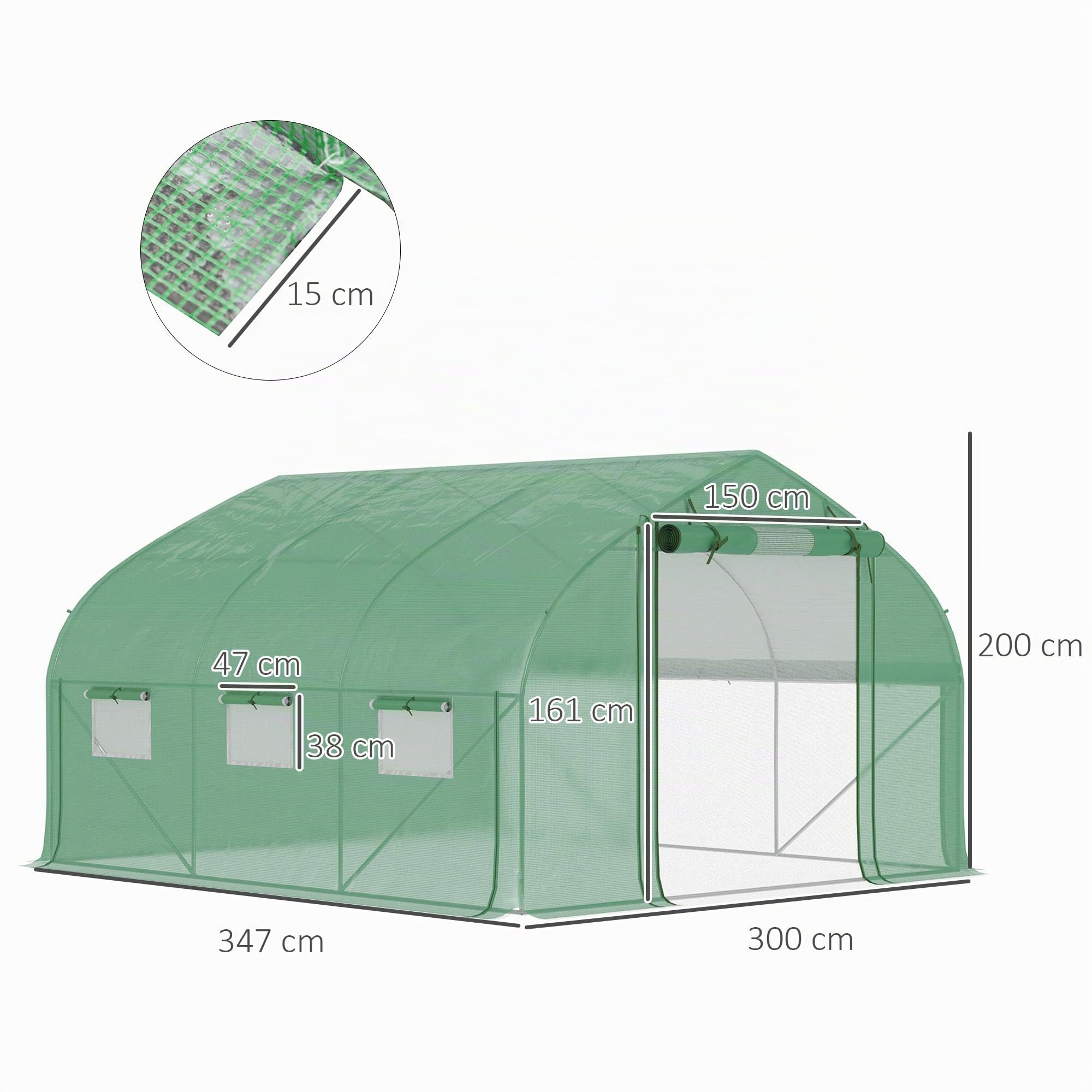 Outsunny Invernadero de Túnel 347x300x200 cm con Puerta Enrollable Verde | 6 Ventanas, Cubierta PE 140g/M² y Estructura de Acero Galvanizado para Cultivos, Plantas y Flores