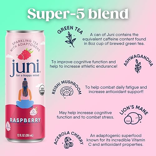 Miniatura 5 de Juni Paquete de té espumoso de limón y frambuesa, elaborado con una mezcla de 5 súper adaptógenos y nootrópicos (paquete de 24)