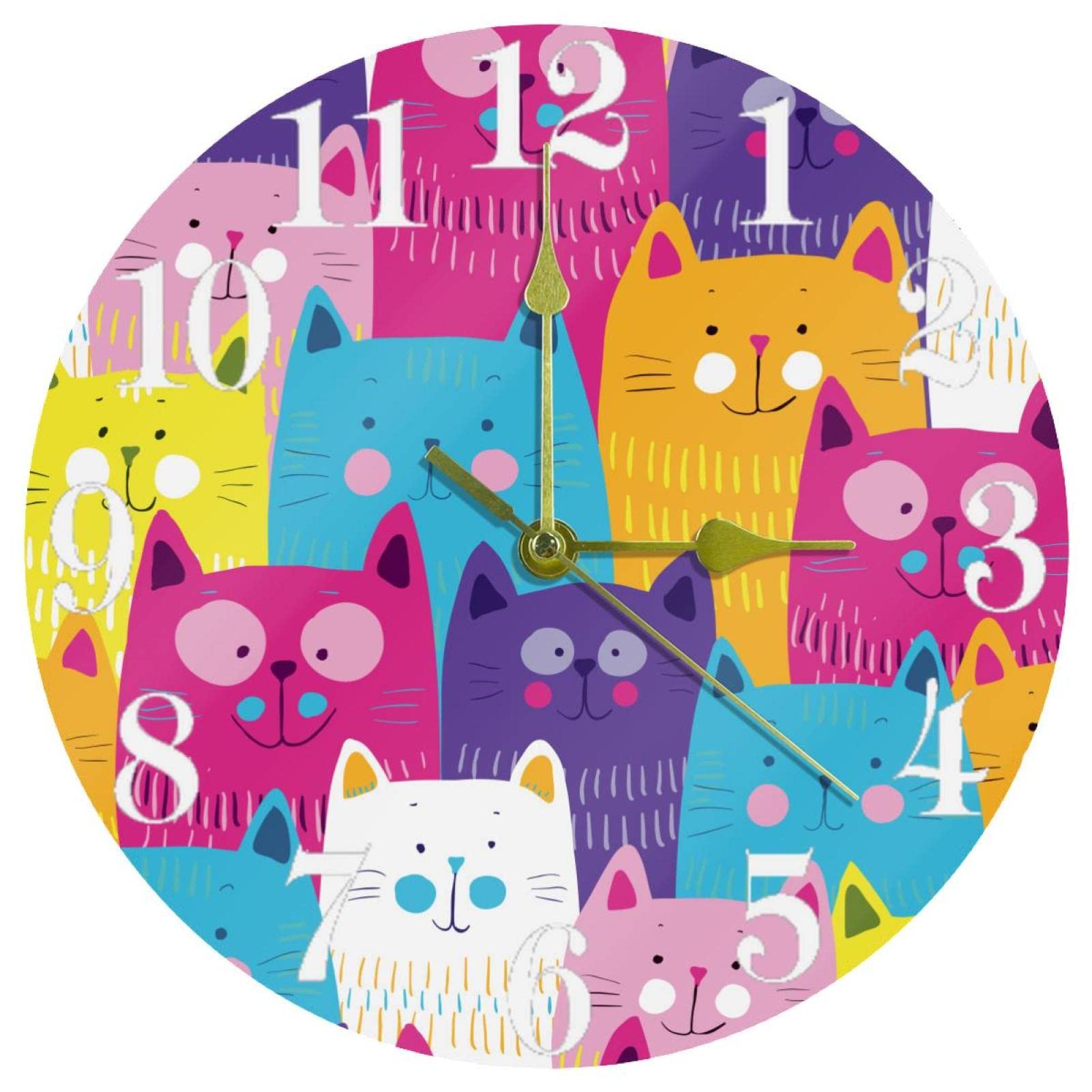Horloge murale pour école et maison avec cadran rond chat coloré violet 25 cm
