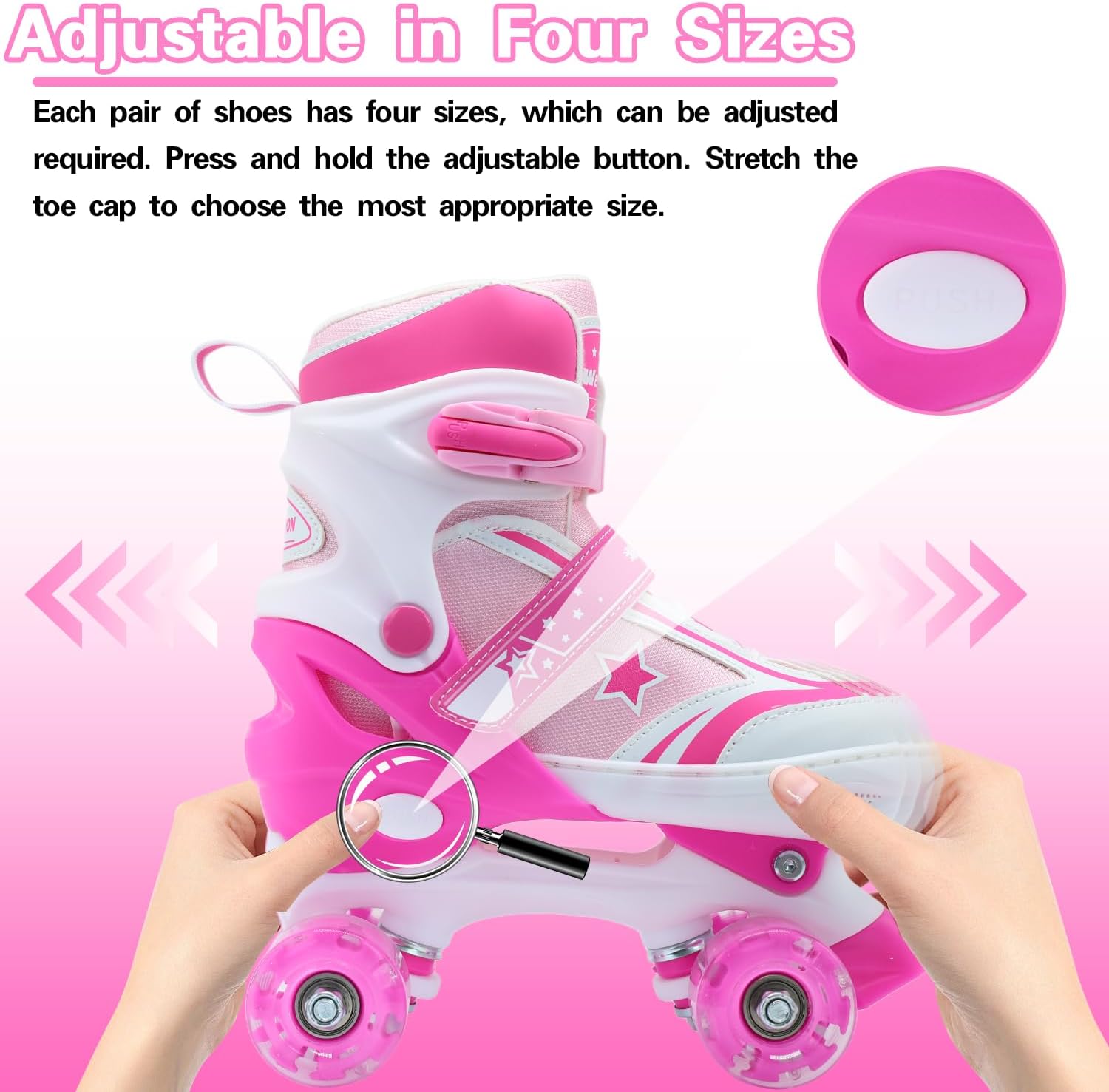 Kids Roller Skates for Boys Girls, 4 Size Adjustable Kids Rollerskates with Light Up Wheels, Roller Skates for Boys Girls Ages 5-8 8-12 Green and Pink