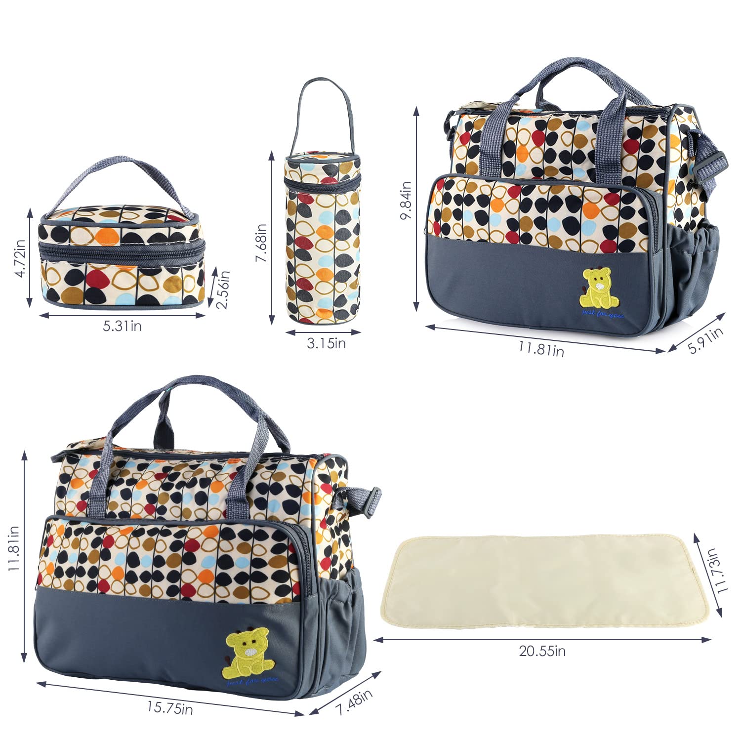 KOCASO Diaper Tote, Baby Girl Boy Diaper Set with Changing Pad - 5 PCS Large Travel Hospital Kit - Mom & Dad Gift Set (Grey)