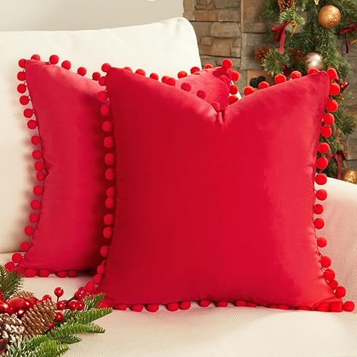 Top Finel juego de 2 fundas de almohada decorativas, de terciopelo suave, lisas, para sofá, dormitorio o automóvil, 20 x 20 pulgadas, rojo