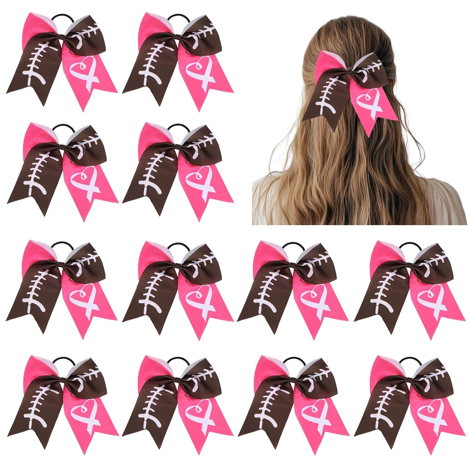 12 Pcs Breast Cancer Awareness Football Hair Bows for Girls, 7 Inch Hot Pink Ribbon Cheerleading Bow with Elastic Hair Tie, Ponytail Cheer Hair Bows for Football Games Sports Competition