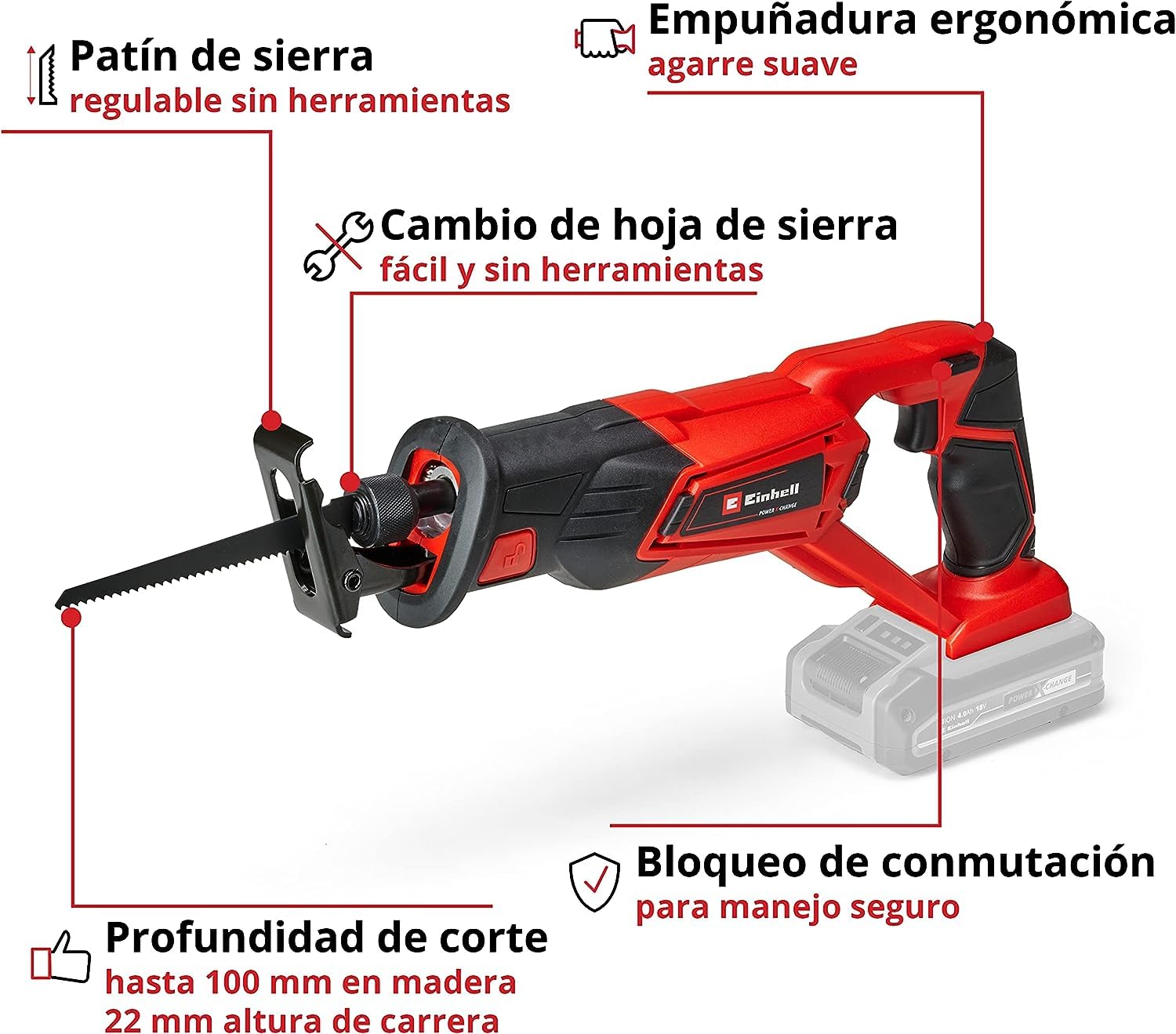 Einhell Sierra de sable inalámbrica - TE-AP 18/22 Li-solo, con Power X Change - 18 V, 2600 1 / min máx., 100 mm máx, hoja de 8 cm incluida. motor Triathlon. No incluye batería ni cargador